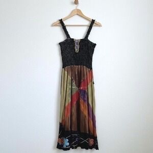 Rising International Smocked Boho Patchwork Dress Floral Applique Small READ